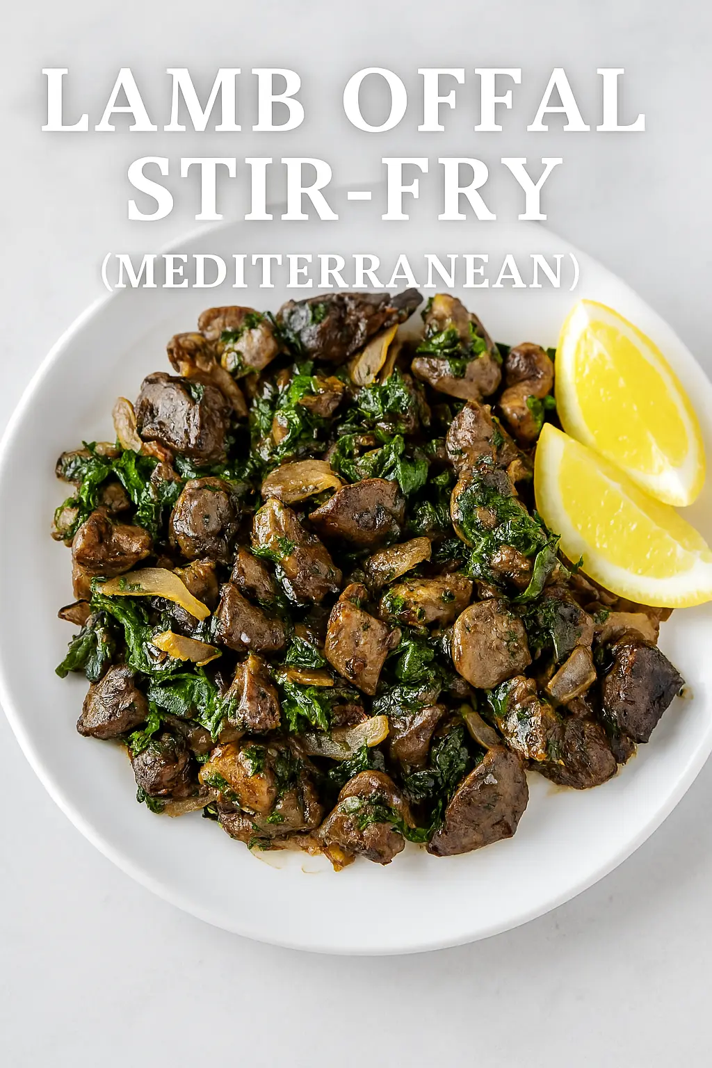 A vibrant Mediterranean lamb offal stir-fry in a pan.